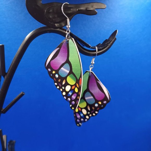 Vegan Leather Green/Purple Butterfly Wing Earrings. - Picture 4 of 4